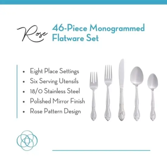 RiverRidge Rose Flatware 46pc Monogrammed Stainless Steel Silverware Set for 8 image {4}