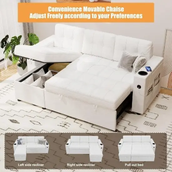 84" L-Shaped Sleeper Sofa Bed with Pull-Out Mattress, Storage Armrests, Cup Holders & USB Ports, Sectional Couch for Living Room image {4}