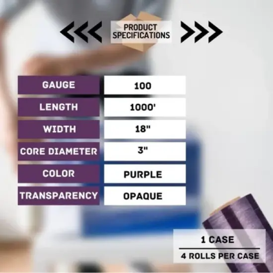 PSBM 4 Rolls Dark Purple 18" x 1000 Ft. 100 Gauge Cast Hand Pallet Stretch Wrap image {2}