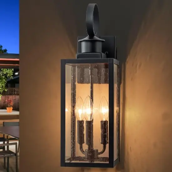 C Cattleya 19in.3-Light Matt Black Outdoor Wall Lantern with Seeded Glass and E12 Base Socket image {1}
