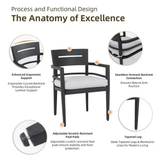 5-Piece Aluminum Outdoor Patio Dining Set, 44" Square Sintered Stone Table and 4 Armchairs with Sunbrella Cushions - Cuddlewood image {4}