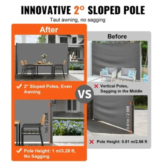 VEVOR Retractable Side Awning, 71''x 118'' Aluminum Outdoor Privacy Screen, 280g Polyester Water-proof Retractable Patio Screen, Gray image {3}