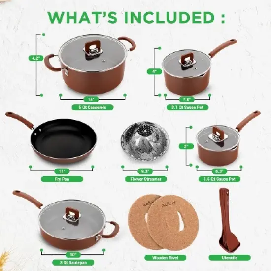 NutriChef Kitchenware 17-Piece Non-Stick Cookware Set, Space-Saving, Stackable, Induction Base, Brown image {2}