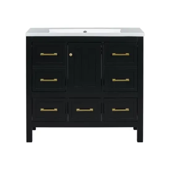 36'' Modern Bathroom Vanity with Resin Sink, Freestanding Storage Cabinet with 5 Drawers & Soft-Close Doors, Black/White/Blue - ModernLuxe image {6}