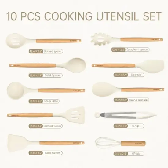 Itopfox 10-Piece Silicone Cooking Utensil Set with Wood Handles, BPA-Free Spatulas & Spoons for Nonstick Cookware, Heat-Resistant (Cream White) image {1}