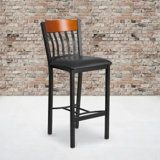 Flash Furniture Vertical Back Metal and Wood Restaurant Barstool with Vinyl Seat image {1}