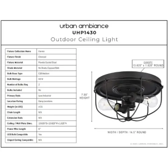 Urban Ambiance Luxury Farmhouse Outdoor Ceiling Light 7.875''H x 14.5''W,  Charcoal Finish,  Kenner Collection, UHP1430 image {3}