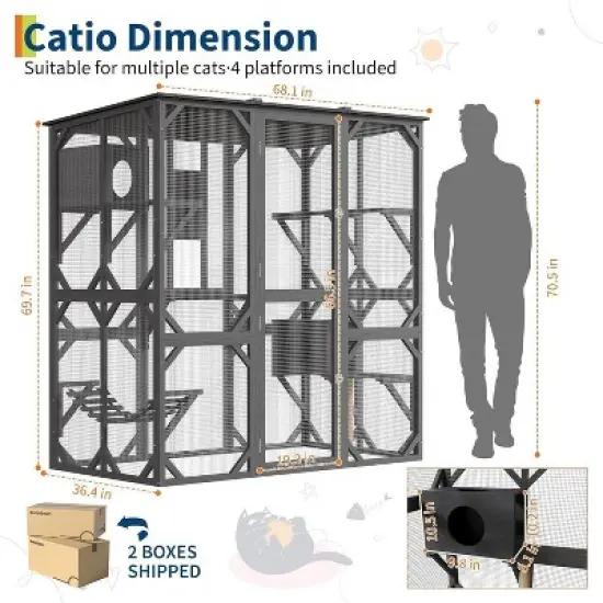 Acekool 70" Walk-In Wooden Outdoor Cat Enclosure with 4 Platforms, 2 Cat Houses, Hammock, Window Passage, 68" x 36.4" x 70" image {1}