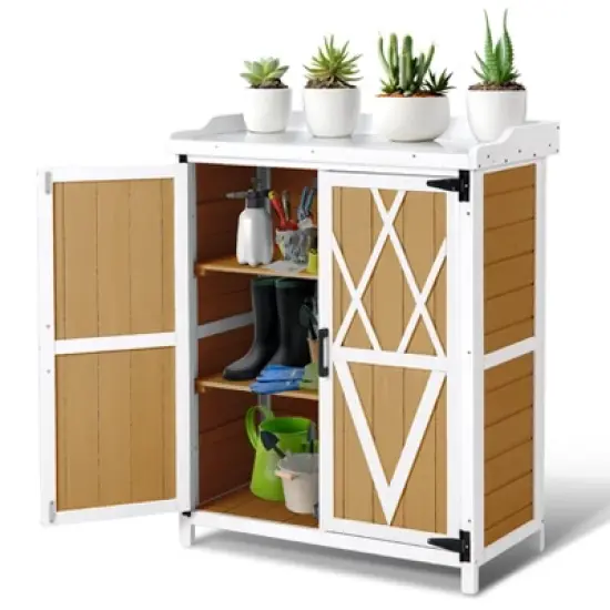 Potting Bench Outdoor Cabinet with Metal Tabletop, Workbenches with Adjustable Shelf, Wooden Storage Cabinets Waterproof for Garden Patio Lawn image {7}