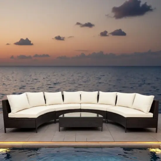 5-Piece Outdoor Rattan Half-Moon Sectional Sofa Set with Tempered Glass Coffee Table image {16}
