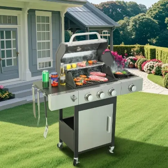 Dolonm 3+1 Burner Gas Grill: 37,230BTU w/Side Cooker, Enamel Cast Iron Grids & Lockable Casters - SS Front Door image {8}