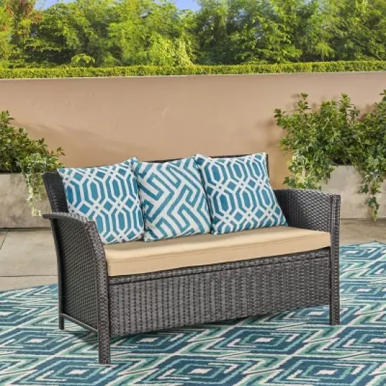 Christopher Knight Home Lucia 51" Outdoor Wicker Loveseat with Cushion, Tan/Brown image {8}