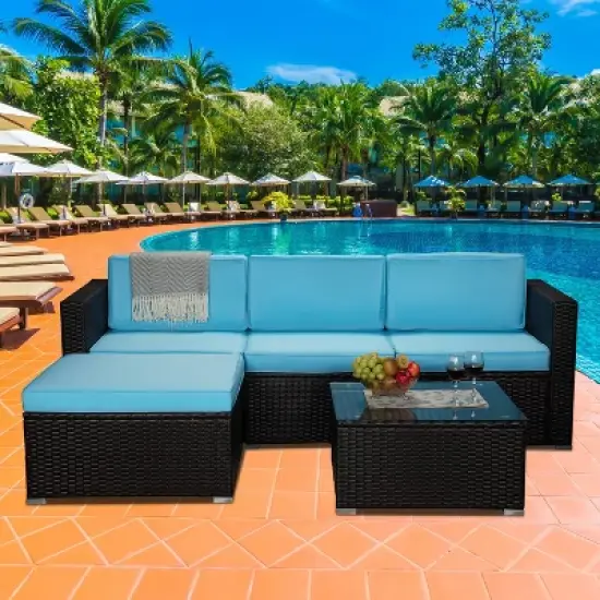 5pc Outdoor Rattan Wicker Conversation Set with Sofas, Chair, Coffee Table & Ottoman - Brown/Blue - GODEER image {1}