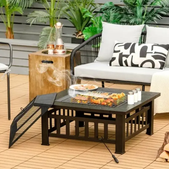 Costway 32'' 3 in 1 Outdoor Square Fire Pit Table W/ BBQ Grill, Rain Cover for Camping image {4}