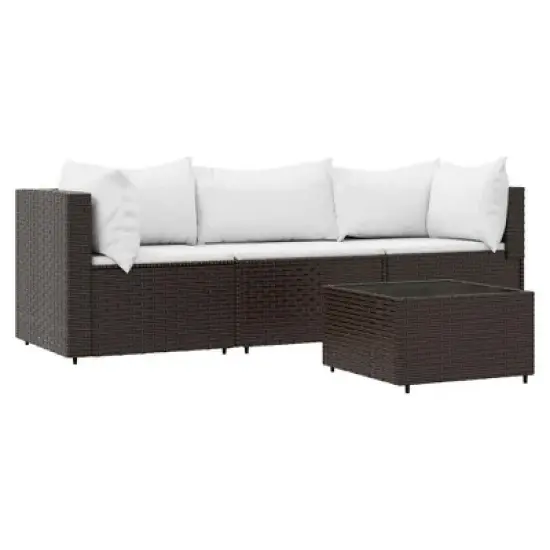 vidaXL 4 Piece Patio Lounge Set with Cushions - Weather Resistant Poly Rattan Furniture with Tempered Glass Tabletop & Comfortable Cushions - Brown image {12}