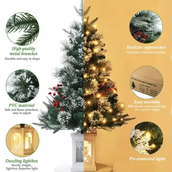 3FT Pre Lit Premium Potted Flocked Arctic Fir Christmas Tree , Artificial Mini Pre Lit Xmas Tree Christmas Decoration Snowman White Base image {2}