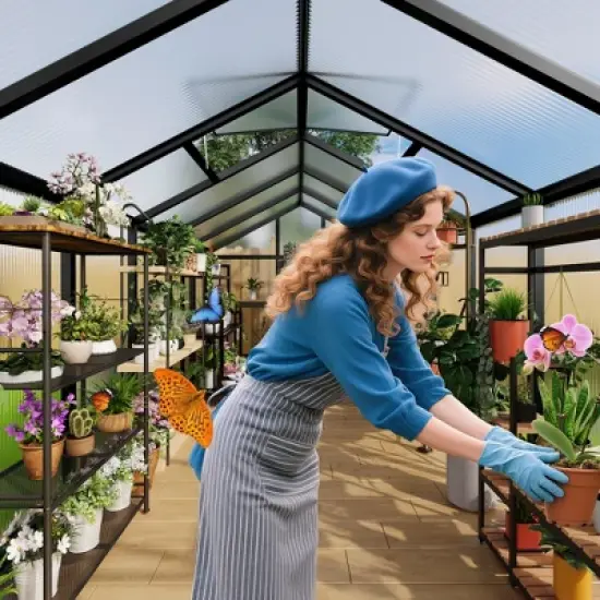 Greenhouse, 6x8 FT Walk-in - Heavy Duty Aluminum Polycarbonate Outdoor Greenhouse with Roof Vent, Sliding Lockable Door, Ground Nails, Black image {7}