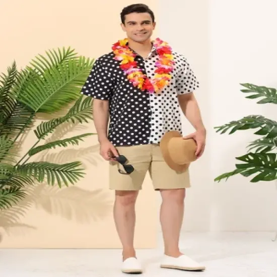 Lars Amadeus Men's Summer Polka Dots Short Sleeves Button Down Patchwork Hawaiian Shirt image {2}
