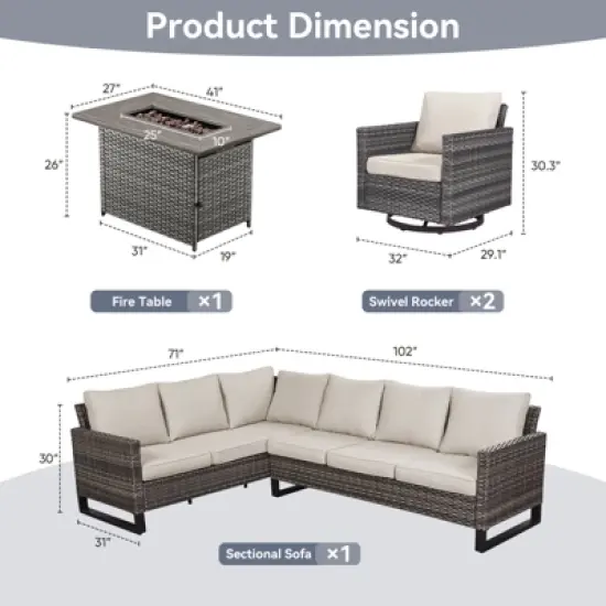 POCASSY L-Shaped Patio Sectional Sofa Set with Fire Pit Table, All Weather Gray Wicker Outdoor Furniture Set with Swivel Chair and Propane Fire Pit image {13}