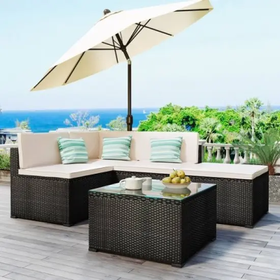 5pc Wicker Patio Conversation Set with Cushions - Black/Beige - GODEER image {2}