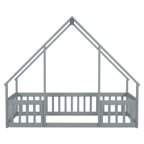 Okak Twin/Full Size House-Style Bed Frame with Fence Guardrails,Modern Floor Bed for Toddlers/Kids Bedroom image {1}