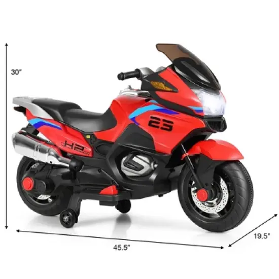 Costway 12V Kids Ride On Motorcycle Electric Motor Bike w/ Training Wheels & Light Red image {2}