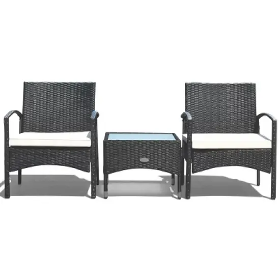 Costway 3 PCS Furniture Set Table & 2 Chair Patio Wicker Rattan W/Cushion image {3}