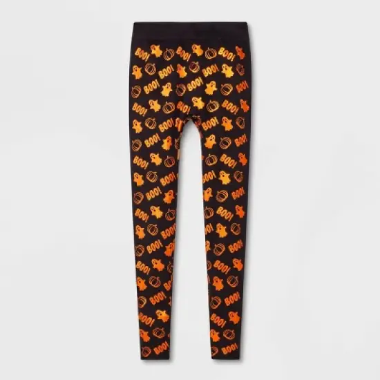 Women's Foil Printed "Boo!" Halloween Seamless Fleece Lined Leggings - Hyde & EEK! Boutique&trade; Black/Orange image {2}