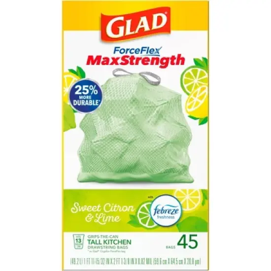 Glad ForceFlex MaxStrength Tall Kitchen Drawstring Trash Bags - Febreze Sweet Citron & Lime - 13 Gallon/45ct image {3}