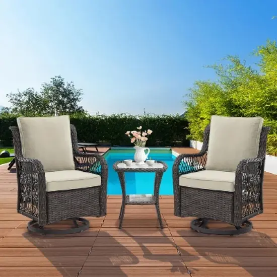 3 Pieces Outdoor Wicker Swivel Chair Set, Swivel Rocking Chairs Set of 2 with Rattan Side Table, 360-Degree Swivel Rocking Chair for Patio Porch Pool image {7}