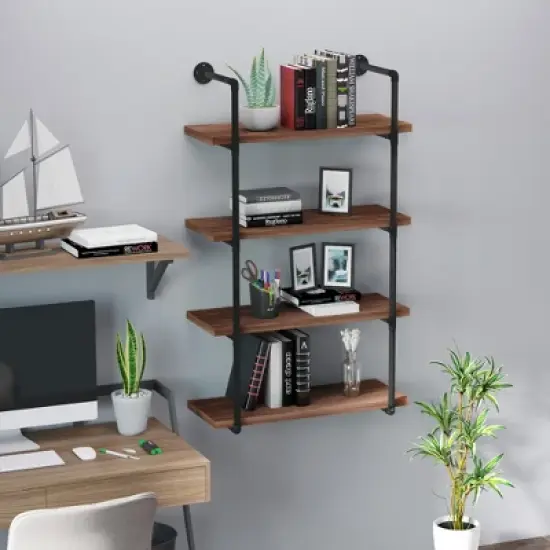 HOMCOM 4-Tier Industrial Pipe Shelves Floating Wall Mounted Bookshelf, Metal Frame Display Rack, 1.25" Thickness Shelving Unit Kitchen, Bar, Brown image {1}