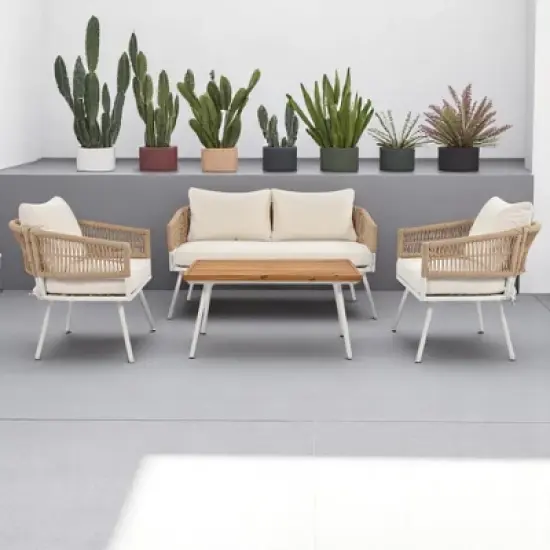 4-Piece Boho Patio Furniture Set with Handmade Rope Weave, Acacia Wood Table, and Metal Frame image {3}