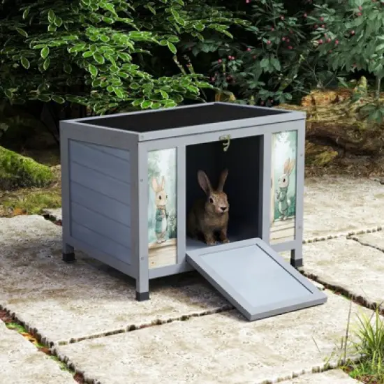 AZL1 Life Concept Pet Crates and Houses Small Wooden Rabbit Hutch with Lockable Door, Weatherproof Roof, Openable Top, Gray, 23.62"*16.3"*19.5" image {1}