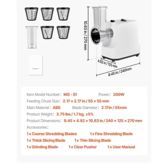 VEVOR Electric Cheese Grater Salad Maker, 200W Salad Shooter, Electric Vegetable Slicer Shredder Chopper for Fruits with 5 Attachments, White image {7}