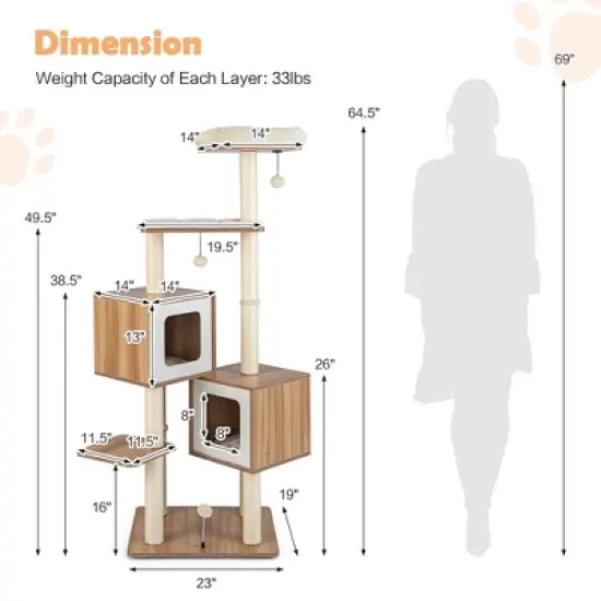Costway 64.5'' Multi-layer Wooden Cat Tree Indoor Tower Activity Play Center Cat House image {8}