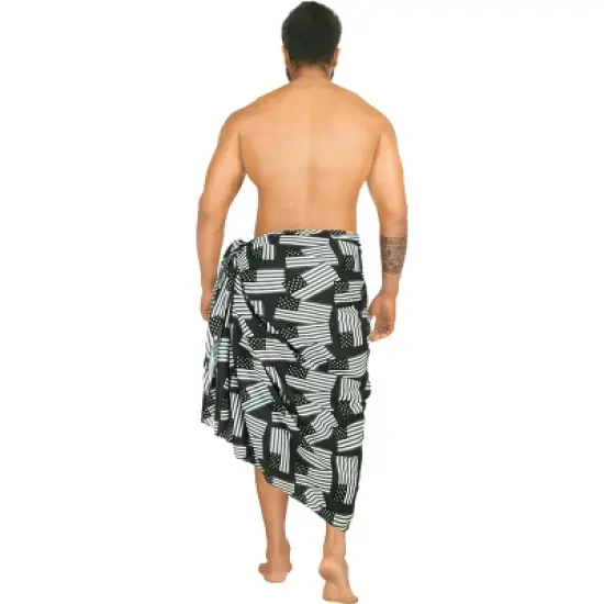 LA LEELA Men's Patriotic 4th of July American Flag Summer Sarong Swim Trunk Long Pareo Beach Wrap One Size Black Allover US Flag image {2}