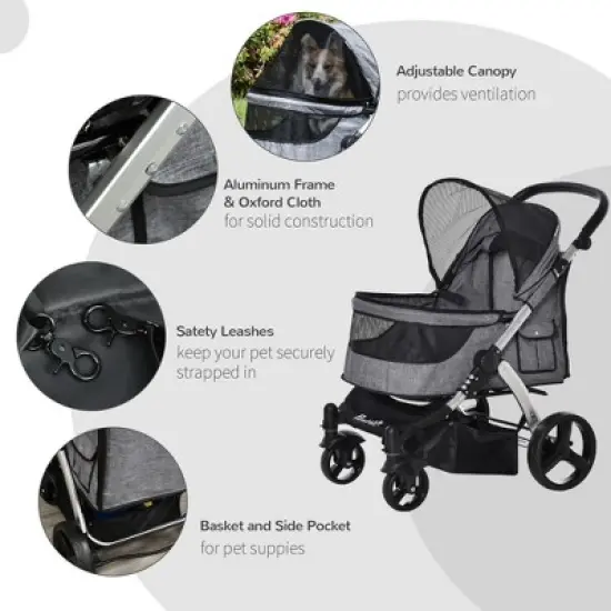 PawHut Pet Stroller Foldable Dog Cat Travel Carriage with Adjustable Handlebar PVC Wheel Brake Storage Bag Mesh Window Safety Leash Aluminum gray image {4}