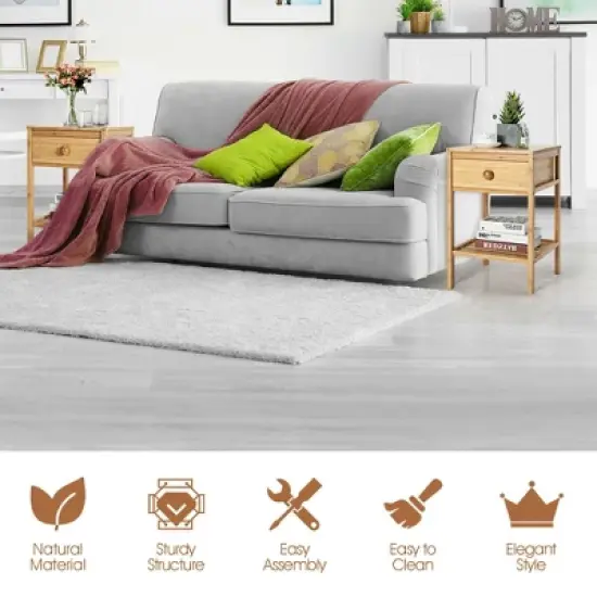 Costway 2PCS Bamboo Nightstand Natural Side End Table w/Drawer for Living Room Bedroom image {4}