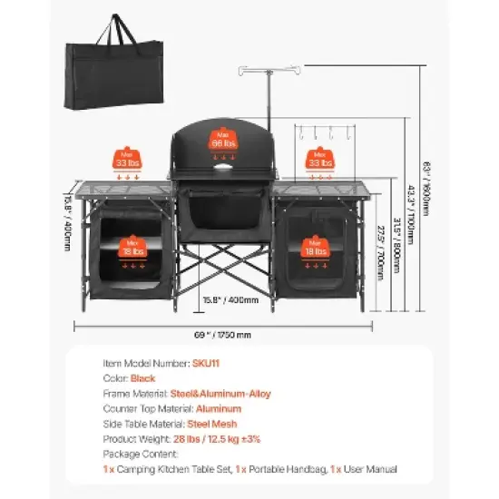 VEVOR Camping Kitchen Table, Outdoor Camp Cooking Table, Aluminum Portable Cook Station with 3 Storage Cupboard, Carrying Bag, Black image {7}