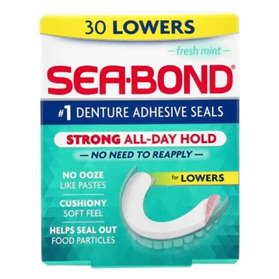 Sea Bond Secure Denture Adhesive Seals, Fresh Mint Lowers, Zinc-Free, All-Day-Hold, Mess-Free, 30 Count (Pack of 1) image {3}