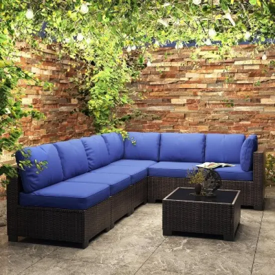 Patio Furniture Set 7 Pieces Outdoor Rattan with Detachable Soft Cushions Patio Conversation Sets Waterproof Patio Sectional Sofa with Glass Top Table image {3}