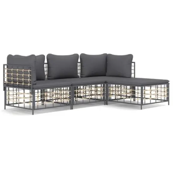 vidaXL 4-Piece Outdoor Furniture Set with Cushions, Weather-Resistant Poly Rattan, Steel Frame, Textilene Material, Anthracite Dark Gray Lounge image {9}