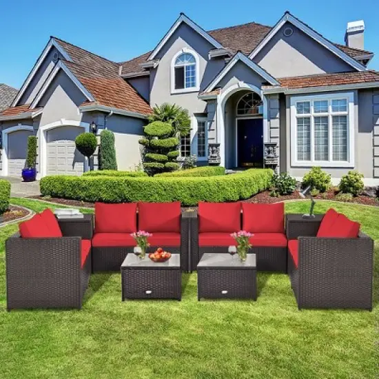 Costway 8PCS Outdoor Patio Rattan Furniture Set Cushioned Loveseat Storage Table Red\Navy image {10}