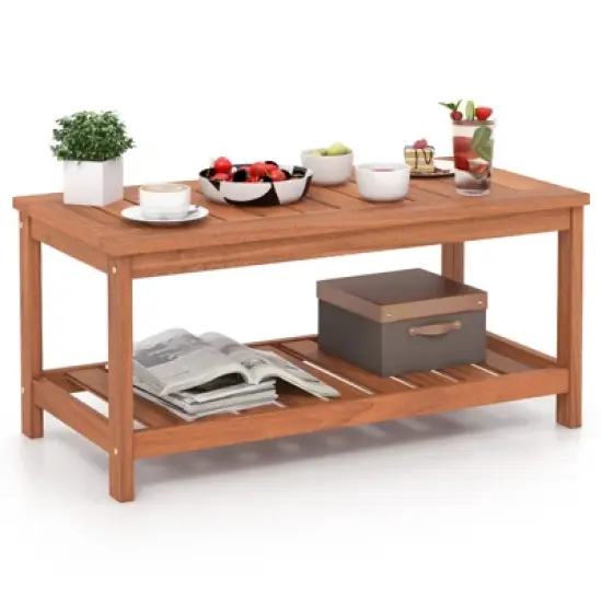 Tangkula Patio Hardwood Coffee Table 2-Tier Wooden Coffee Table with Slatted Tabletop & Storage Shelf Outdoor Rectangular Cocktail Table image {2}
