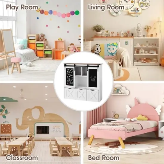 Toy Storage Organizer with Sliding Blackboard, Kids Bookcase with 3 Movable Drawers, Multifunctional Storage Cabinet image {6}