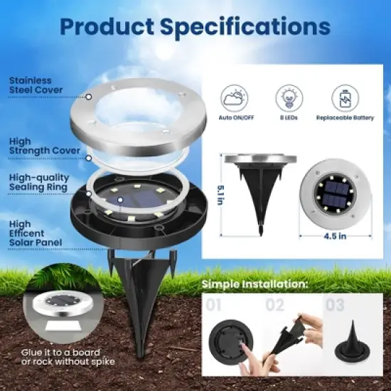Cool White 8 LED Solar Outdoor Waterproof In-Ground Path Lights for Pathway, Yard, Lawn, Patio and Walkway image {4}