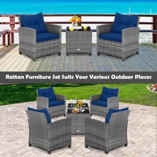 Costway 3PCS Patio Rattan Furniture Bistro Set Cushioned Sofas Side Table Armrest image {5}