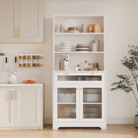 62-Inch Kitchen Pantry Cabinet Freestanding Storage Cupboard with 5-Tier Shelf, Drawer,2 Glass Doors & Adjustable Shelves image {8}