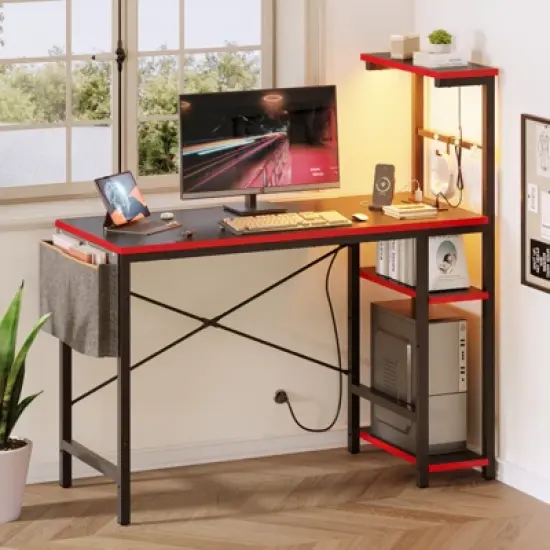 Bestier 44&rdquo; Gaming Desk with Power Outlets & USB Ports, LED PC Gamer Desk with 4-Tier Storage Shelves, Computer Office Desk for Small Spaces image {7}