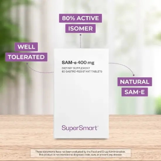 SuperSmart SAM-e 400mg (80% Active Isomer S,S) - Advanced S-Adenosyl Methionine SAM-e Supplement | Non-GMO & Gluten Free - 60 Enteric Coated Tablets image {1}